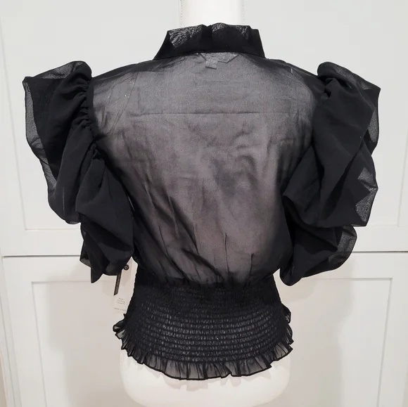 NWT Live 4 Truth Sheer Black Tie-Neck Ruffle Sleeve Top w/Smocked Waist | L - Picture 3 of 7